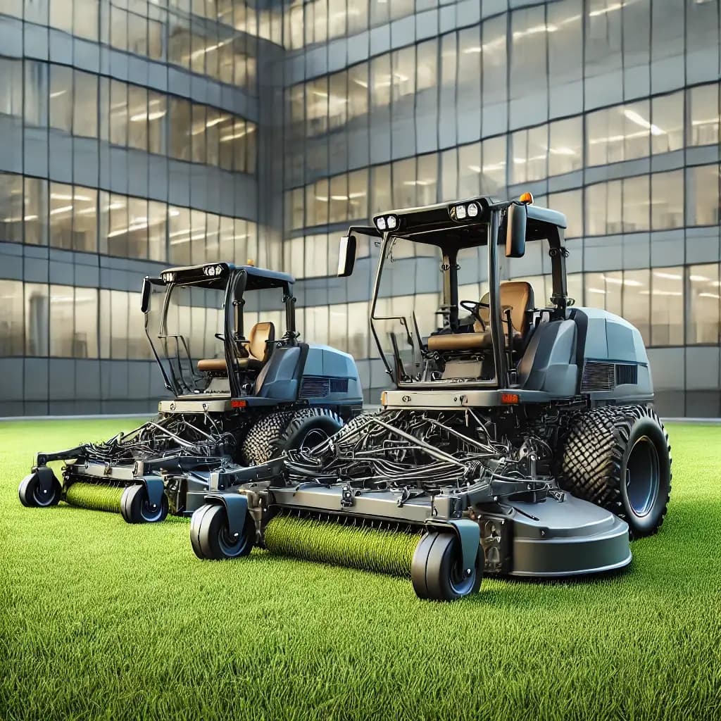 Two Grasshopper mowers parked side by side on a well-maintained grassy field in front of a modern building.